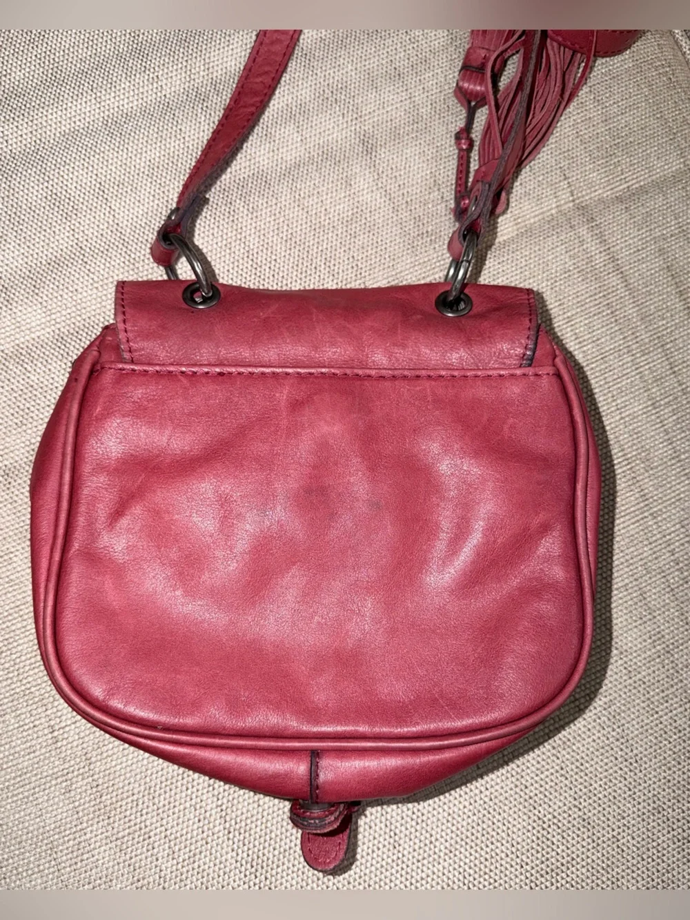 Patricia Nash Karis Leather Whipstitch Saddle Bag in a rich red/berry